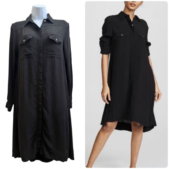 Hatch Black Collared High Low Concealed Placket Button Shirt Dress Size 1 Small - Picture 1 of 14